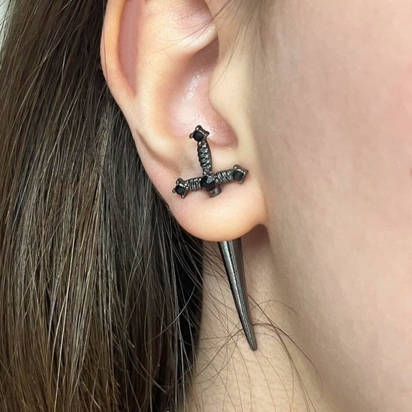 Any 4/$25! Gunmetal Black Crystal Sword Studs w/Jackets Earrings - Picture 3 of 6